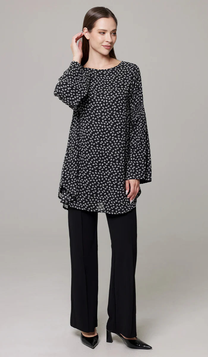 Sundus Long Chiffon Print Modest Top - Black/White Dot