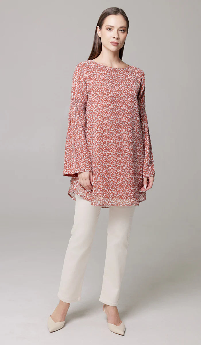 Sundus Long Chiffon Print Modest Top - Coral Floral - PREORDER (ships in 2 weeks)