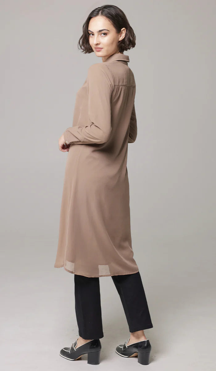 Asra Long Flowy Buttondown Shirt Jacket - Mocha