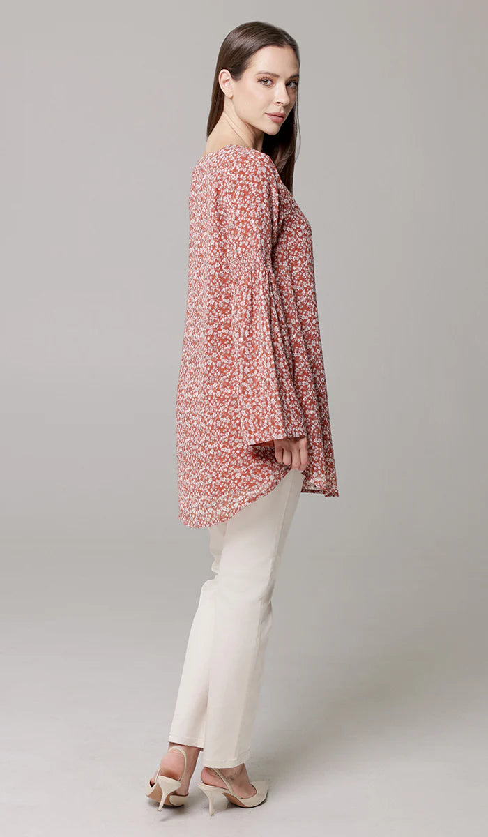 Sundus Long Chiffon Print Modest Top - Coral Floral - PREORDER (ships in 2 weeks)