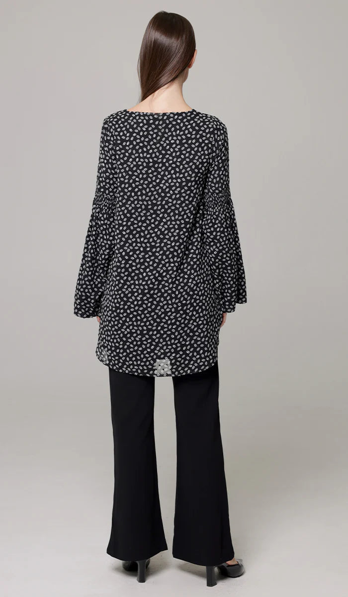 Sundus Long Chiffon Print Modest Top - Black/White Dot