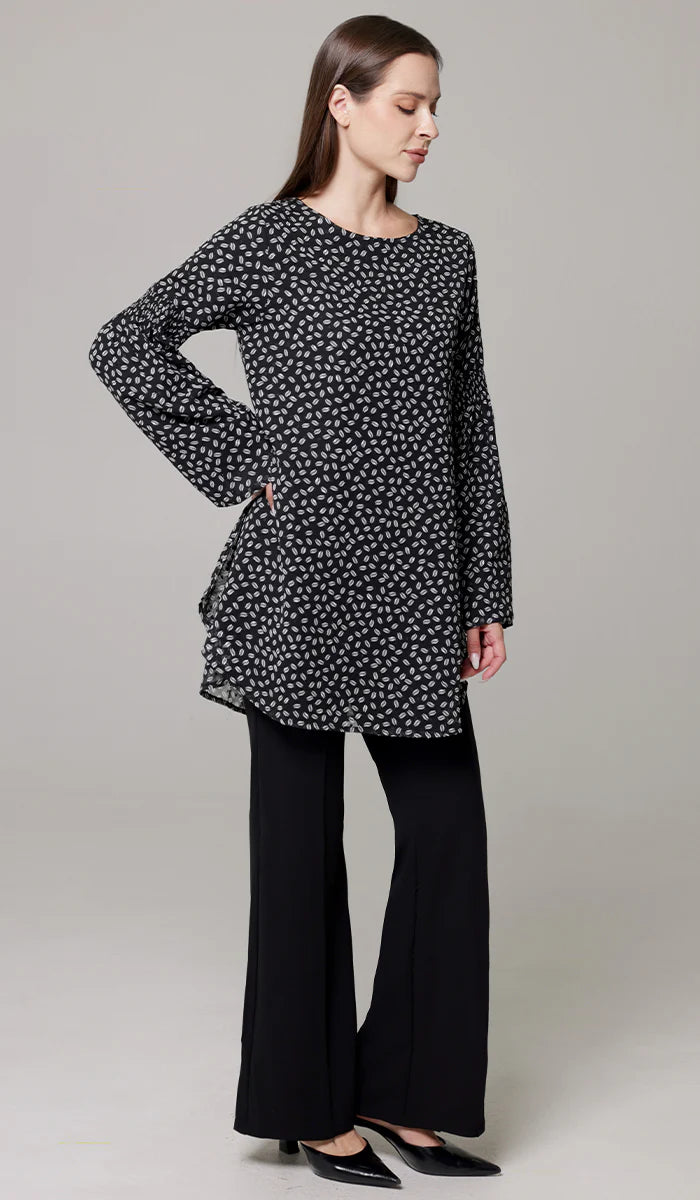 Sundus Long Chiffon Print Modest Top - Black/White Dot