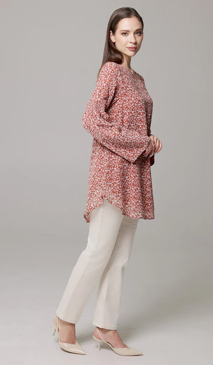 Sundus Long Chiffon Print Modest Top - Coral Floral - PREORDER (ships in 2 weeks)