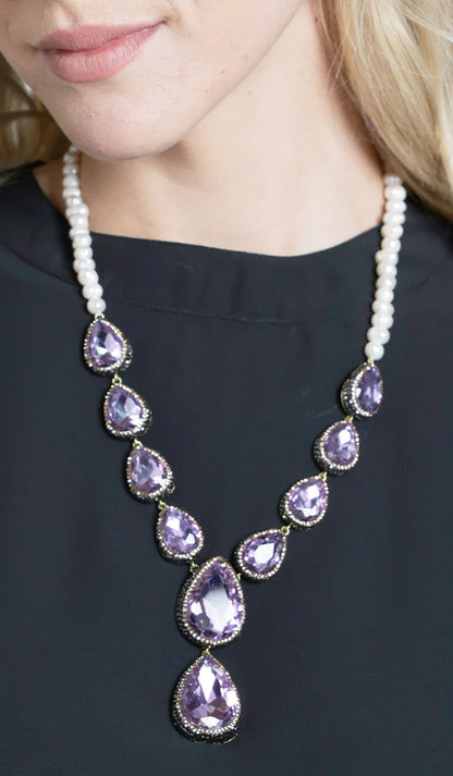 Amira Jeweled Statement Necklace - Purple/Pearl - FINAL SALE