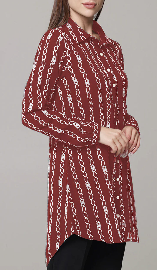 Marwa Chiffon Print Long Button down Shirt - Maroon/White Stripe - PREORDER (ships in 2 weeks)