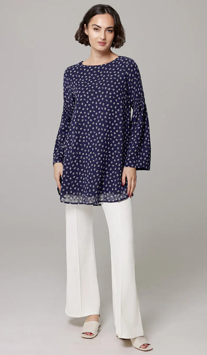 Sundus Long Chiffon Print Modest Top - Navy Floral