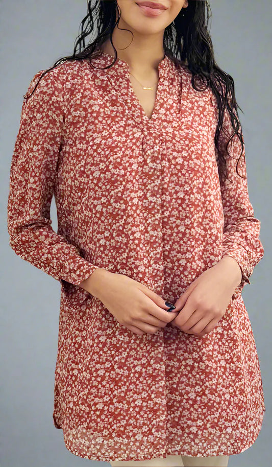 Shaina Long Chiffon Print Modest Top - Coral Floral - PREORDER (ships in 2 weeks)