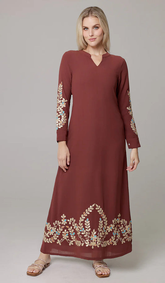 Meraj Gold Embellished Modest Long Maxi Dress - Brick/Gold