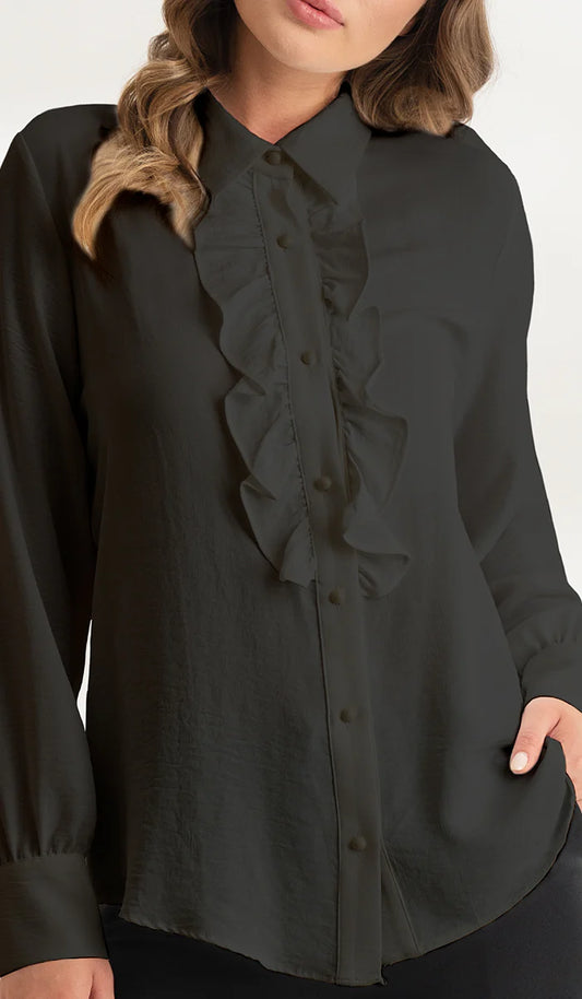 Mona Ruffle Front Button-down Shirt - Black - FINAL SALE