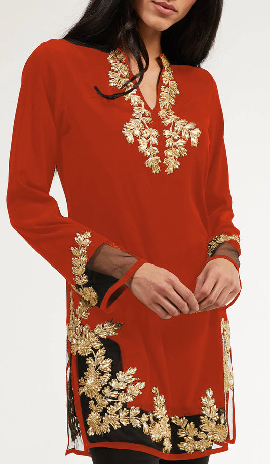 Mahnaz Gold Embellished Long Modest Tunic - Coral - FINAL SALE