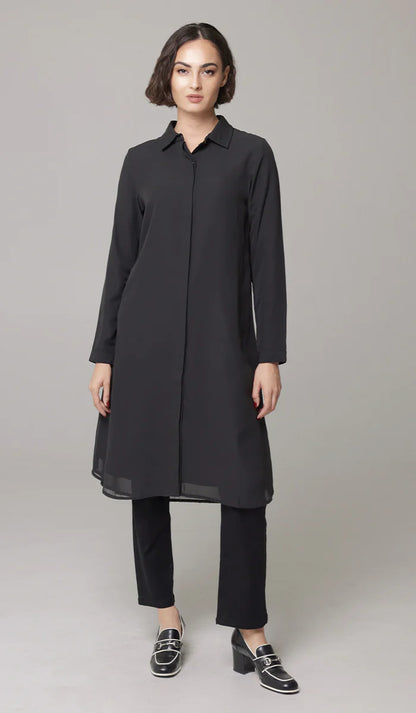 Asra Long Flowy Buttondown Shirt Jacket - Black