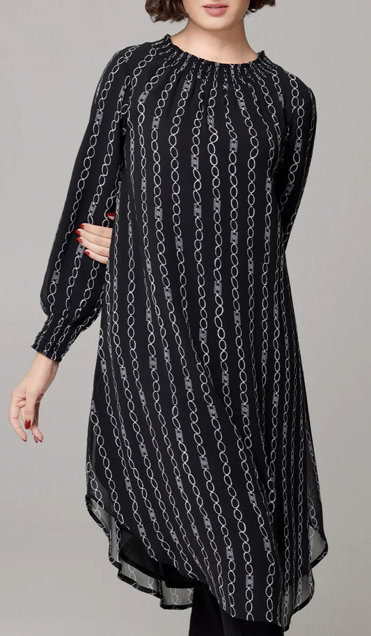 Miral Modest Essential Long Print Chiffon Midi - Black/White Stripe