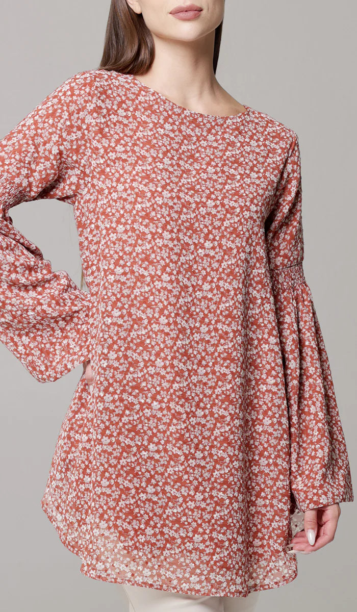 Sundus Long Chiffon Print Modest Top - Coral Floral - PREORDER (ships in 2 weeks)