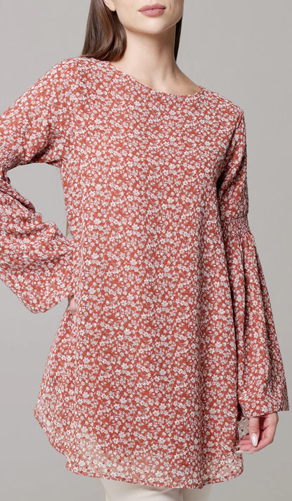 Sundus Long Chiffon Print Modest Top - Coral Floral - PREORDER (ships in 2 weeks)