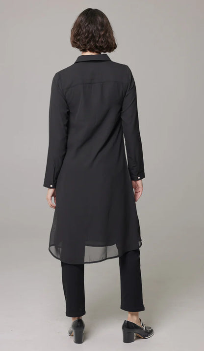 Asra Long Flowy Buttondown Shirt Jacket - Black