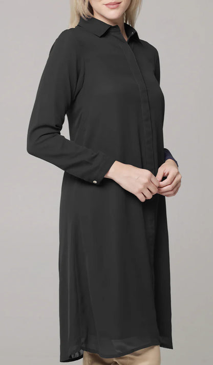 Asra Long Flowy Buttondown Shirt Jacket - Black