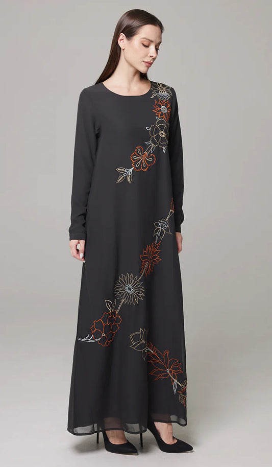 Saman Embroidered Chiffon Modest Long Maxi Dress - Black
