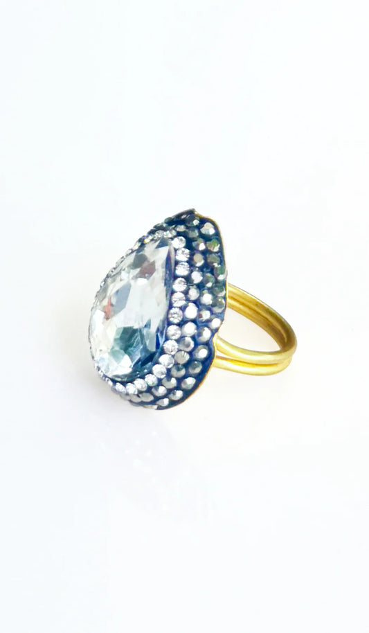 Jeweled Clear and Smoky Crystal Teardrop Cocktail Ring