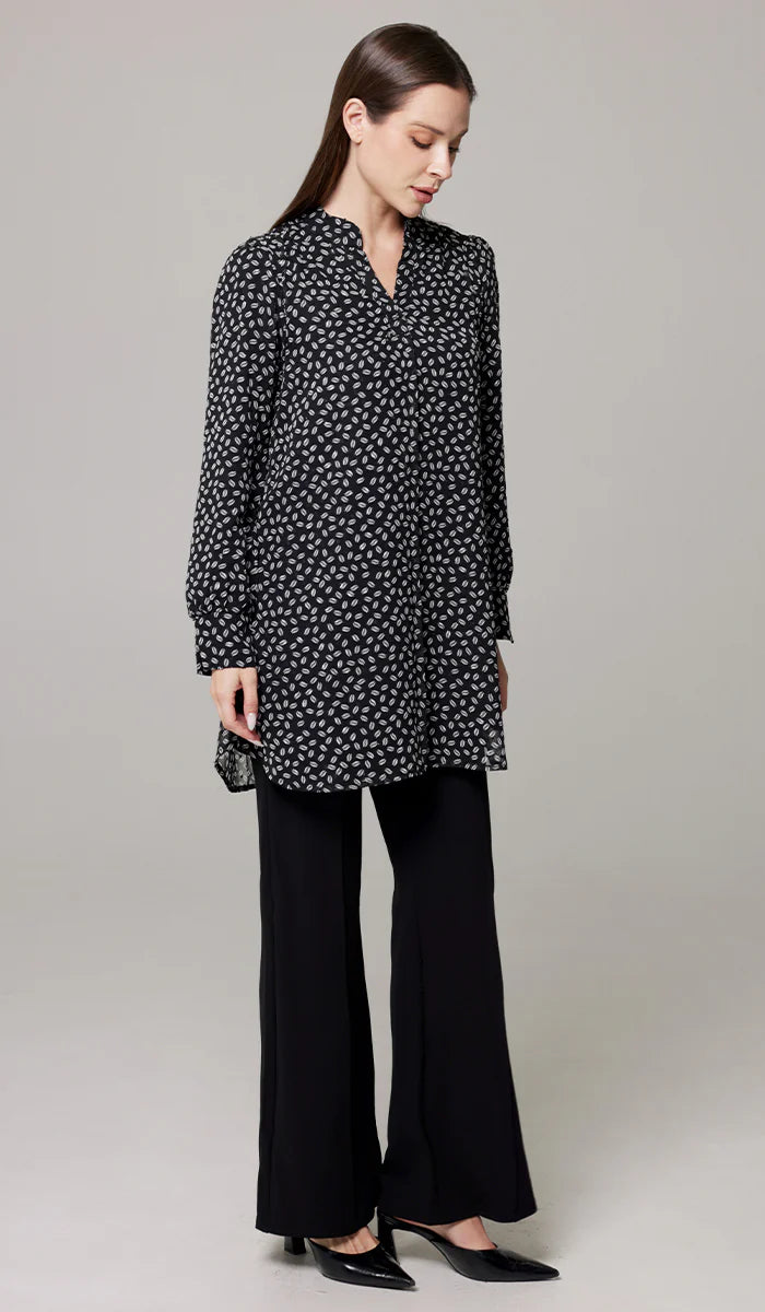 Shaina Long Chiffon Print Modest Top - Black/White Dot