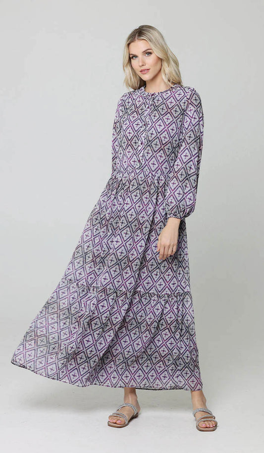 Armine Modest Long Tiered Print Maxi Dress - Purple - FINAL SALE
