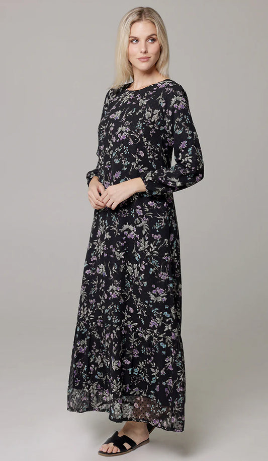 Batool Print Chiffon Modest Long Maxi Dress - Black/Multi Floral