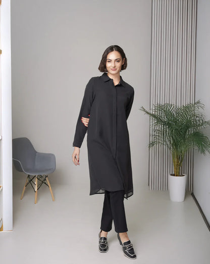Asra Long Flowy Buttondown Shirt Jacket - Black