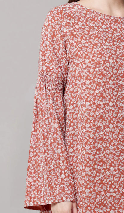 Sundus Long Chiffon Print Modest Top - Coral Floral - PREORDER (ships in 2 weeks)
