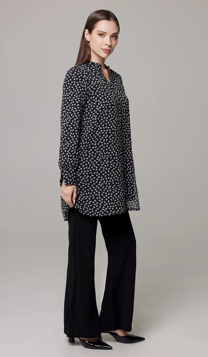 Shaina Long Chiffon Print Modest Top - Black/White Dot