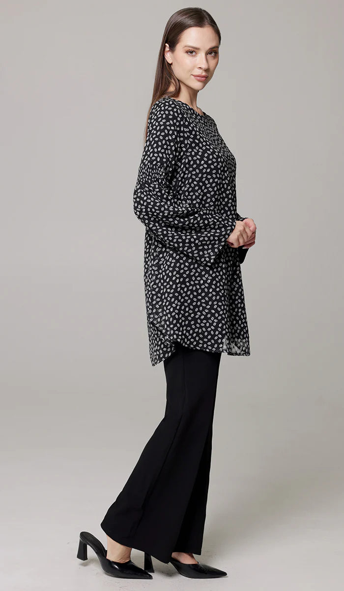 Sundus Long Chiffon Print Modest Top - Black/White Dot
