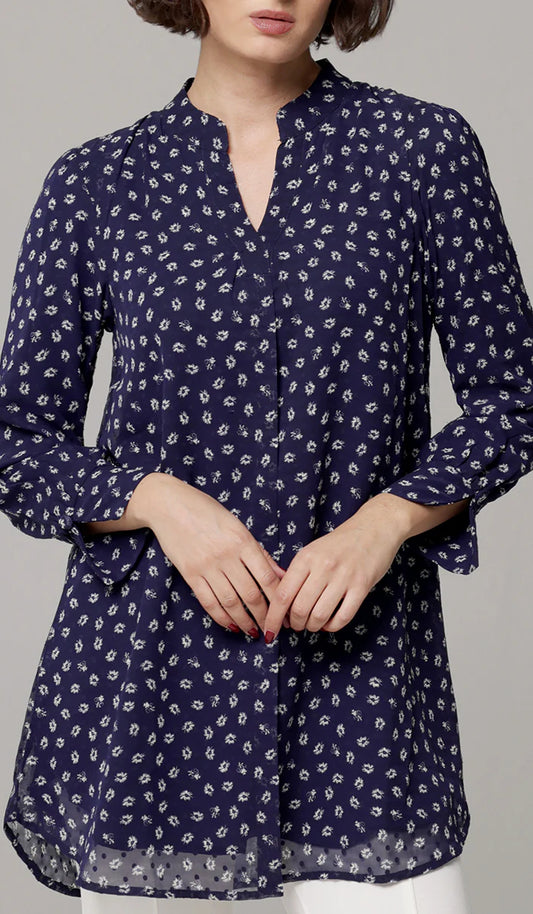 Shaina Long Chiffon Print Modest Top - Navy Floral