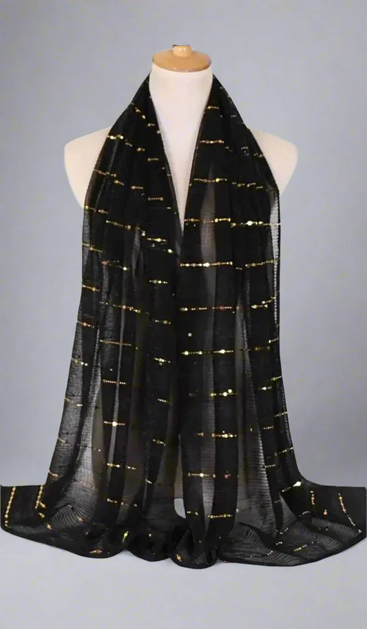 Nina Soft Mesh Sequin Stripe Hijab - Black/Gold