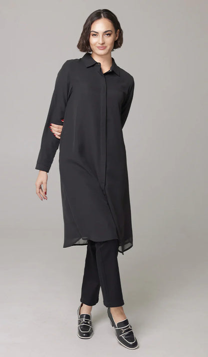 Asra Long Flowy Buttondown Shirt Jacket - Black