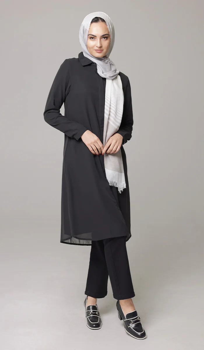 Asra Long Flowy Buttondown Shirt Jacket - Black