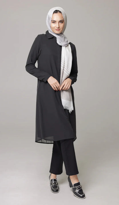 Asra Long Flowy Buttondown Shirt Jacket - Black
