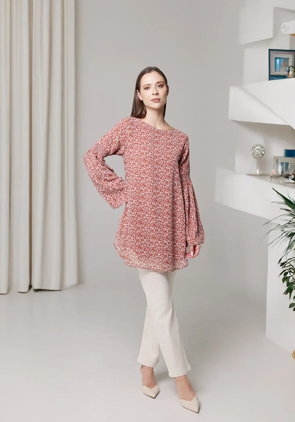 Sundus Long Chiffon Print Modest Top - Coral Floral - PREORDER (ships in 2 weeks)