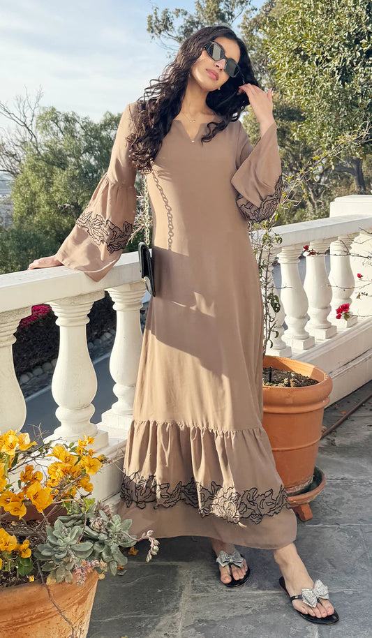 Mahin Embroidered Chiffon Modest Long Maxi Dress - Cafe/Black