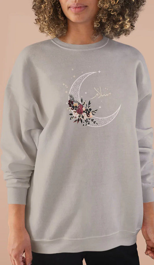 Eco-Friendly Antique Rose Arabic Calligraphy Crewneck Pullover Sweatshirt - Salam (Peace)