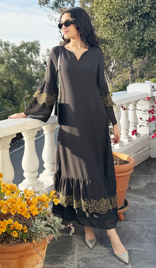Mahin Embroidered Chiffon Modest Long Maxi Dress - Black/Gold
