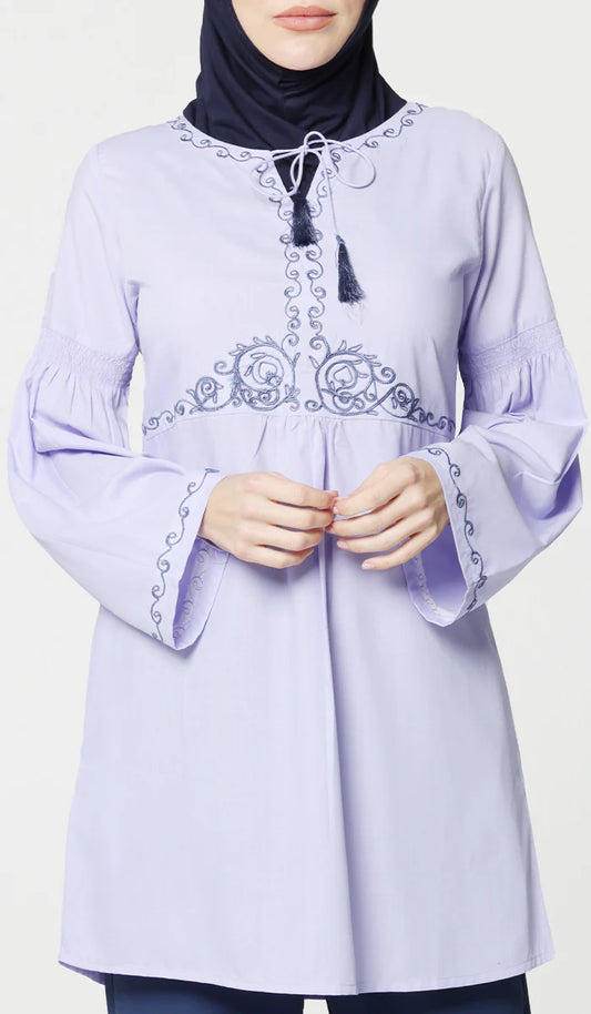 Haseen Embroidered Long Cotton Feel Modest Tunic - Lavender - FINAL SALE