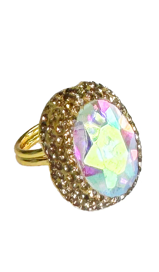 Amira Jeweled Rainbow and Champagne Crystal Oval Cocktail Ring - FINAL SALE