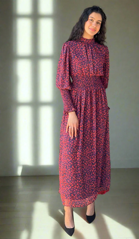 Anisa Modest Long Floral Print Elastic Waist Maxi Dress - Red/Navy Floral - FINAL SALE