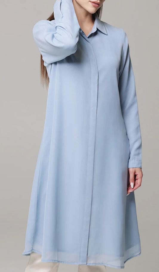 Asra Long Flowy Buttondown Shirt Jacket - Powder Blue