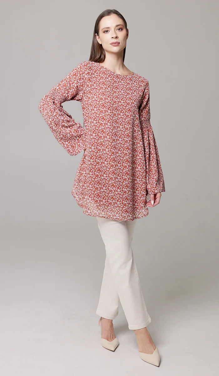 Sundus Long Chiffon Print Modest Top - Coral Floral - PREORDER (ships in 2 weeks)